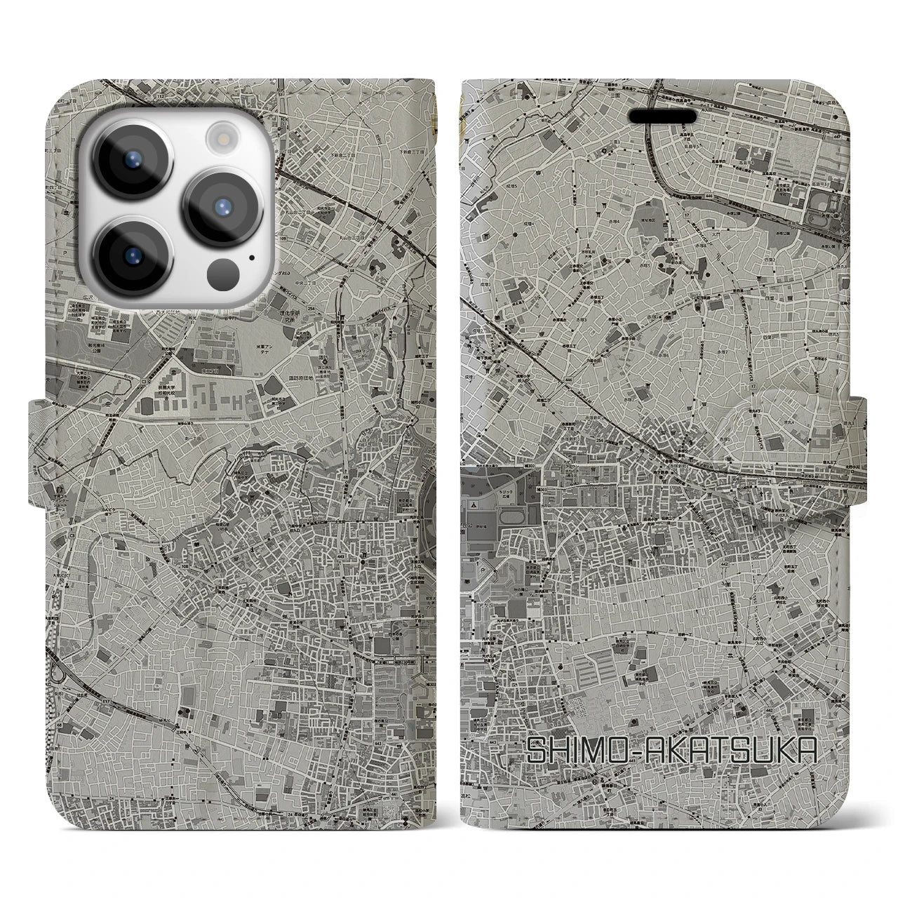 【下赤塚(東京都)】地図柄iPhoneケース(手帳タイプ)モノトーン・iPhone 14 Pro 用