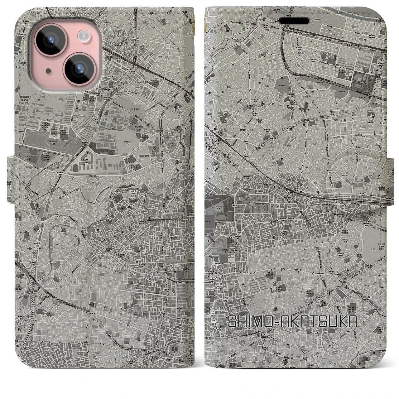 【下赤塚(東京都)】地図柄iPhoneケース(手帳タイプ)モノトーン・iPhone 15 Plus 用