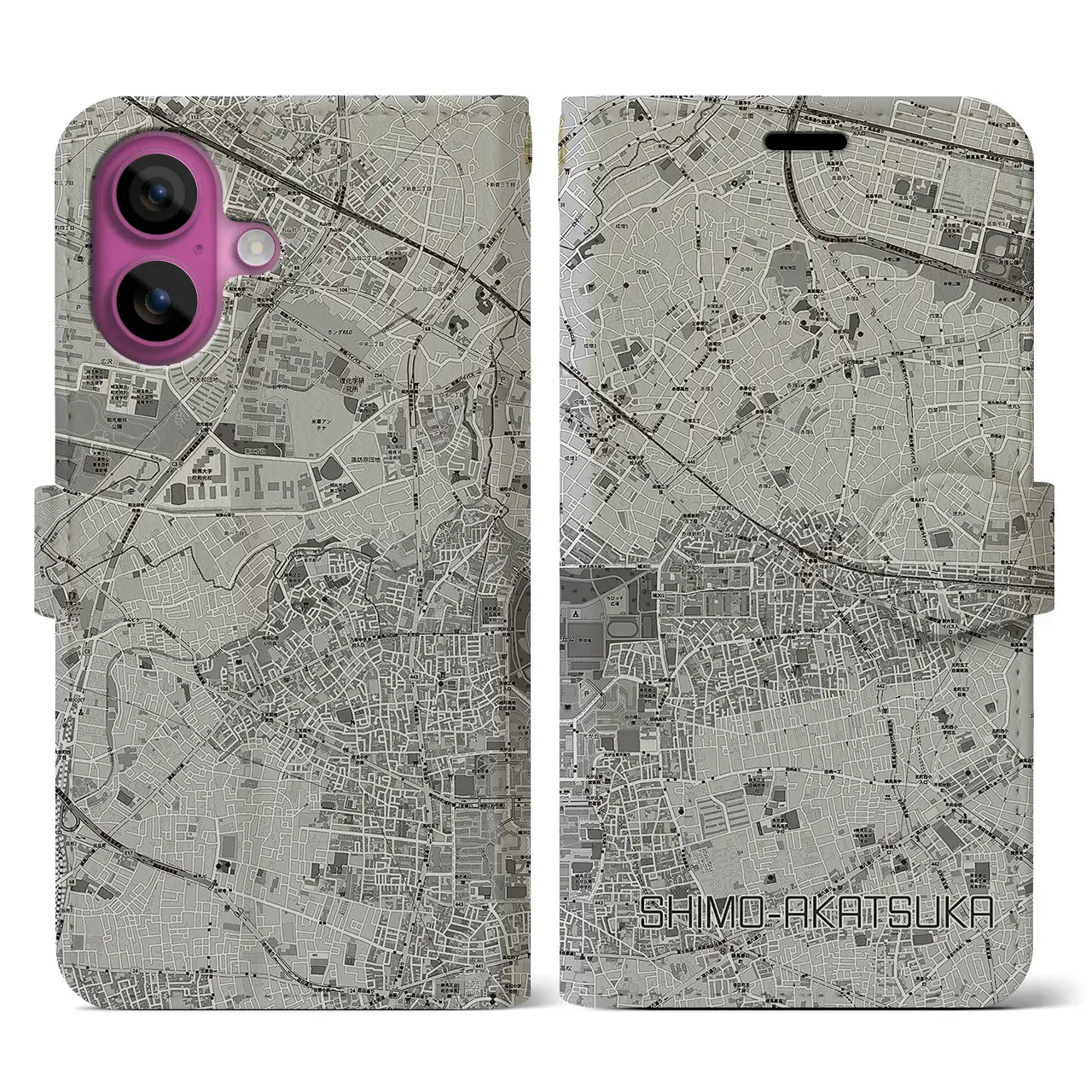 【下赤塚(東京都)】地図柄iPhoneケース(手帳タイプ)モノトーン・iPhone 16 Pro 用