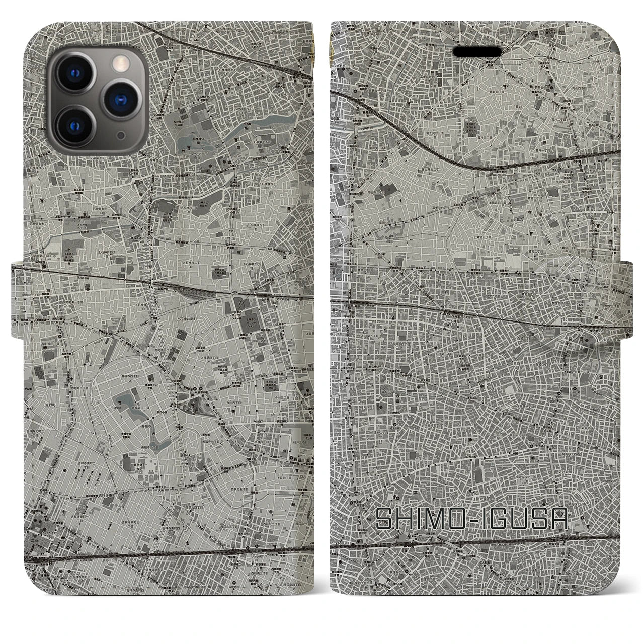 【下井草(東京都)】地図柄iPhoneケース(手帳タイプ)モノトーン・iPhone 11 Pro Max 用