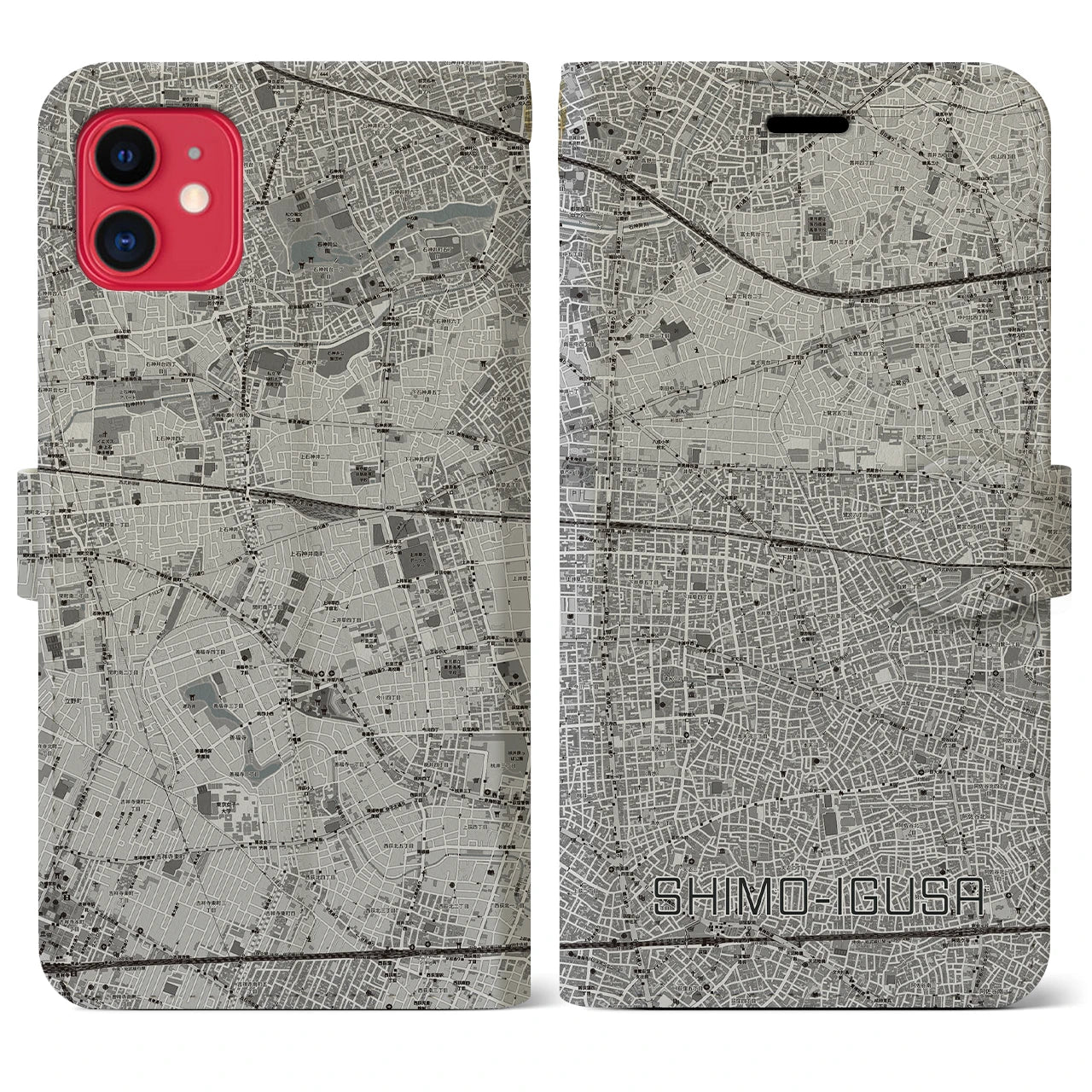 【下井草(東京都)】地図柄iPhoneケース(手帳タイプ)モノトーン・iPhone 11 用