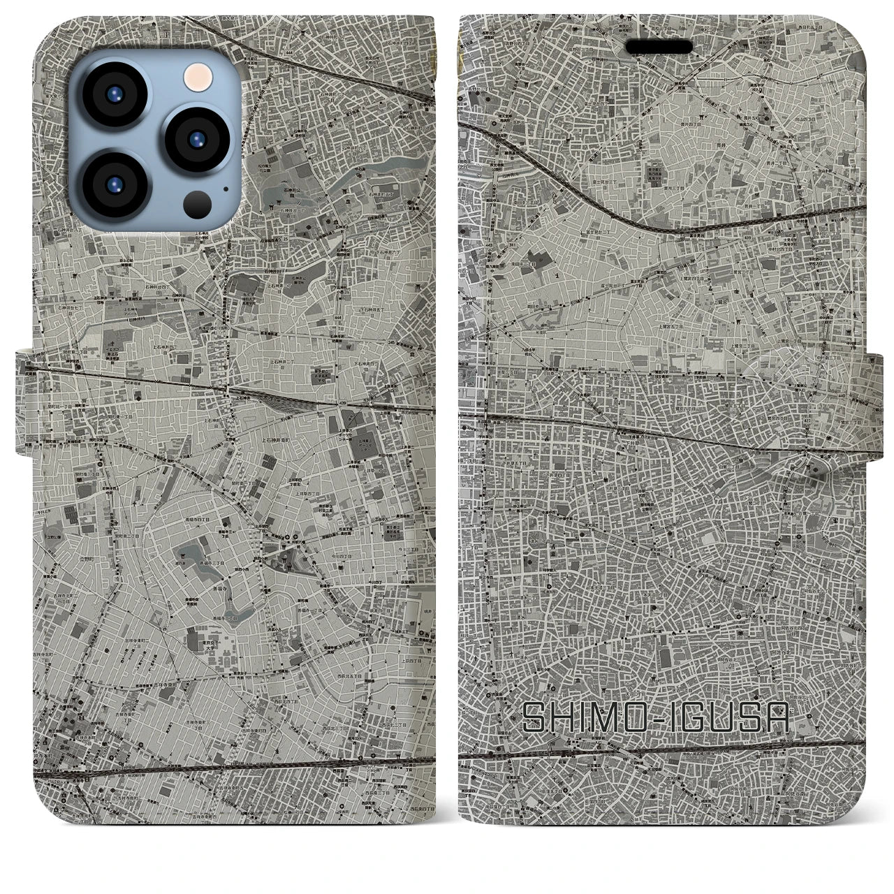【下井草(東京都)】地図柄iPhoneケース(手帳タイプ)モノトーン・iPhone 13 Pro Max 用