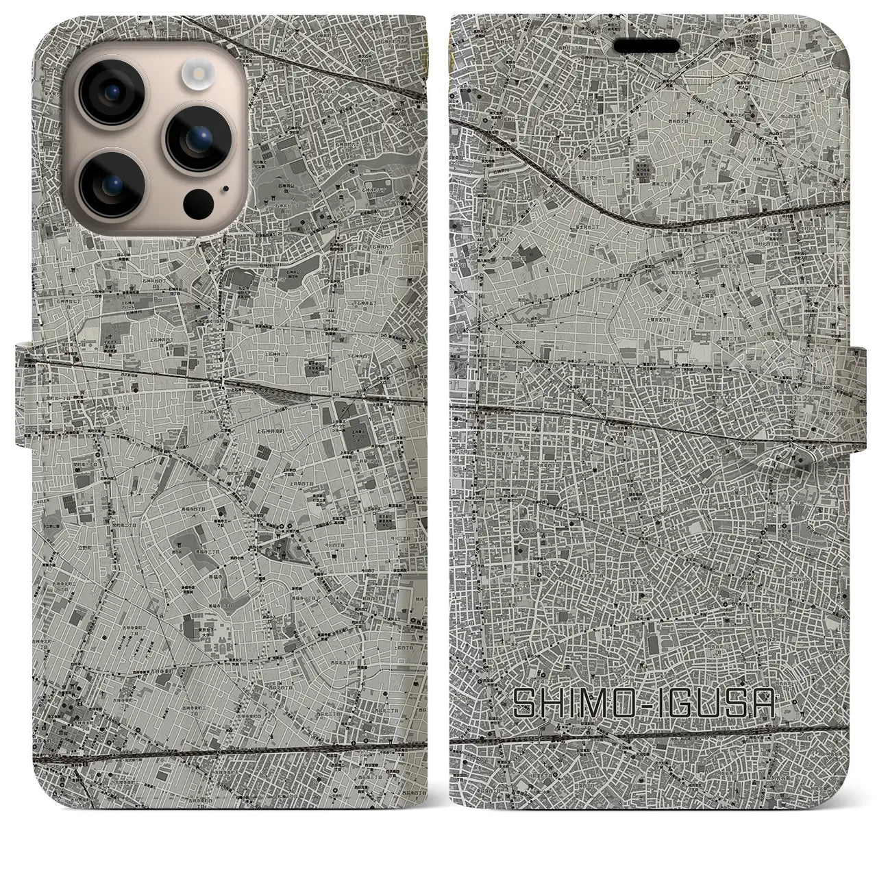 【下井草(東京都)】地図柄iPhoneケース(手帳タイプ)モノトーン・iPhone 16 Plus 用