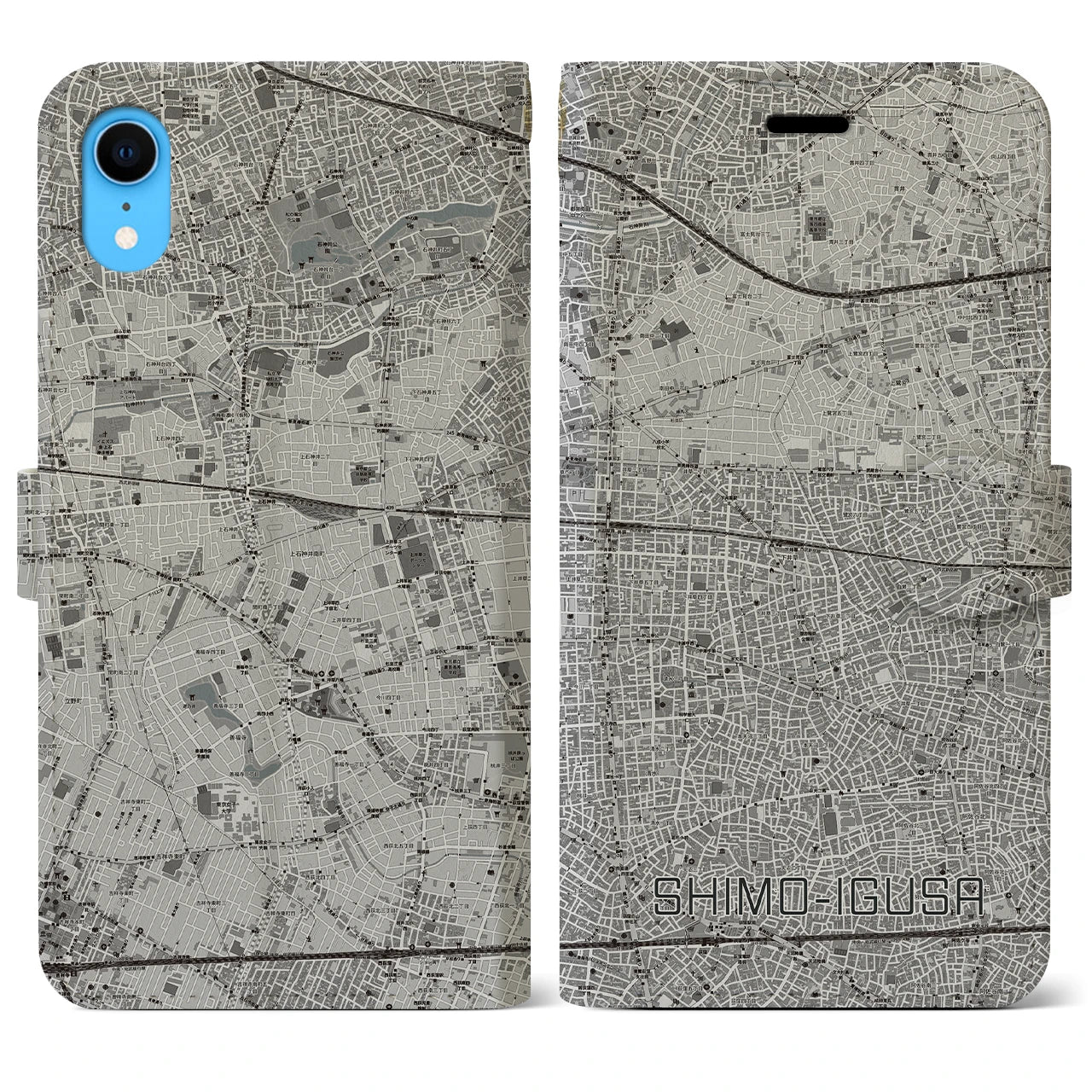 【下井草(東京都)】地図柄iPhoneケース(手帳タイプ)モノトーン・iPhone XR 用