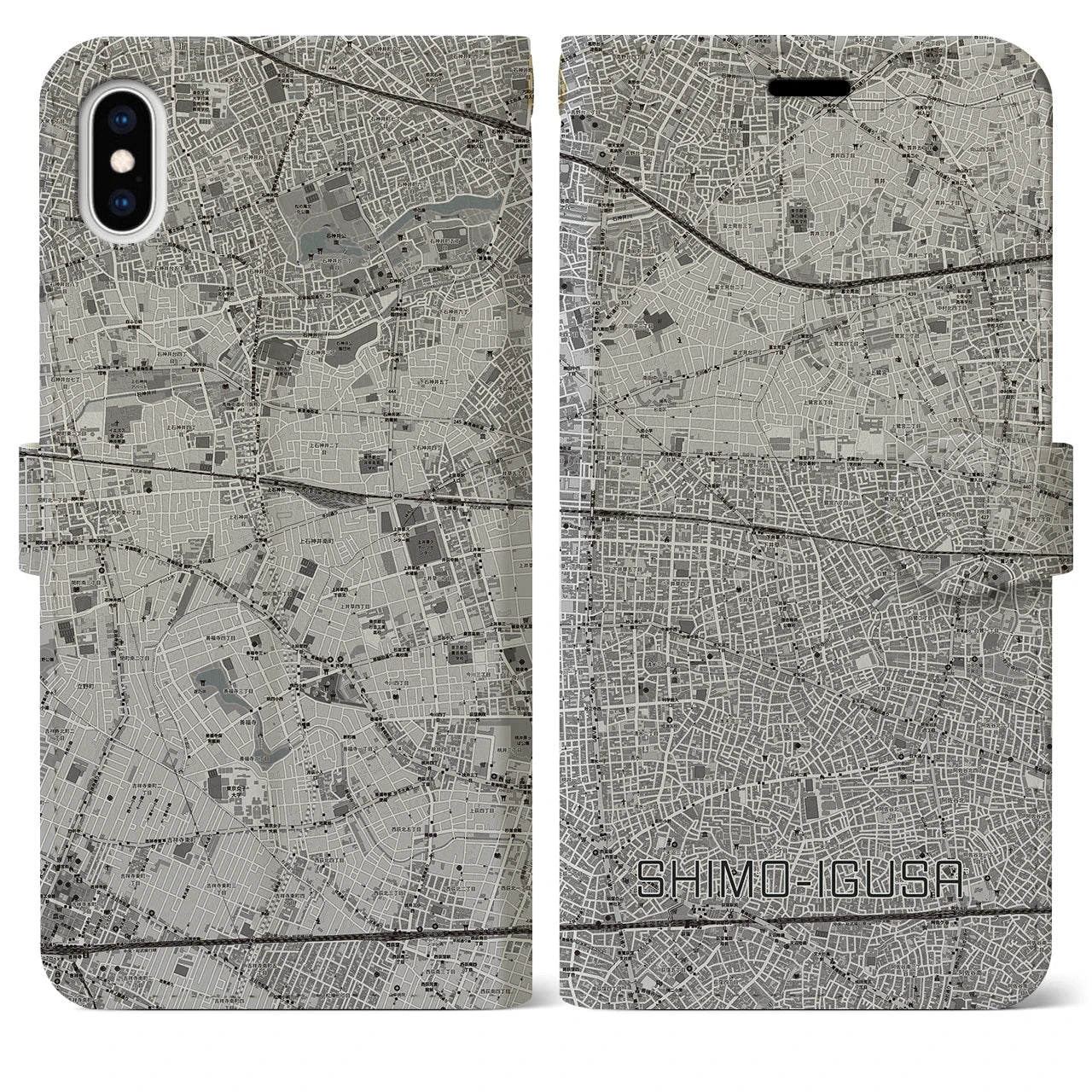 【下井草(東京都)】地図柄iPhoneケース(手帳タイプ)モノトーン・iPhone XS Max 用