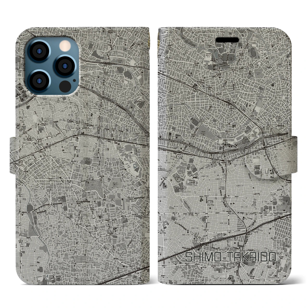【下高井戸(東京都)】地図柄iPhoneケース(手帳タイプ)モノトーン・iPhone 12 / 12 Pro 用