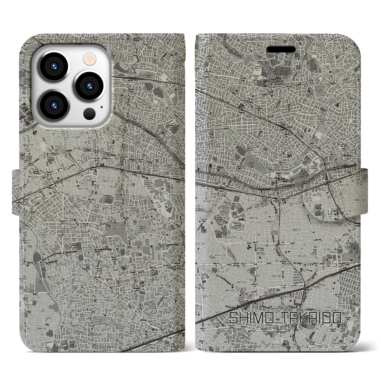【下高井戸(東京都)】地図柄iPhoneケース(手帳タイプ)モノトーン・iPhone 13 Pro 用
