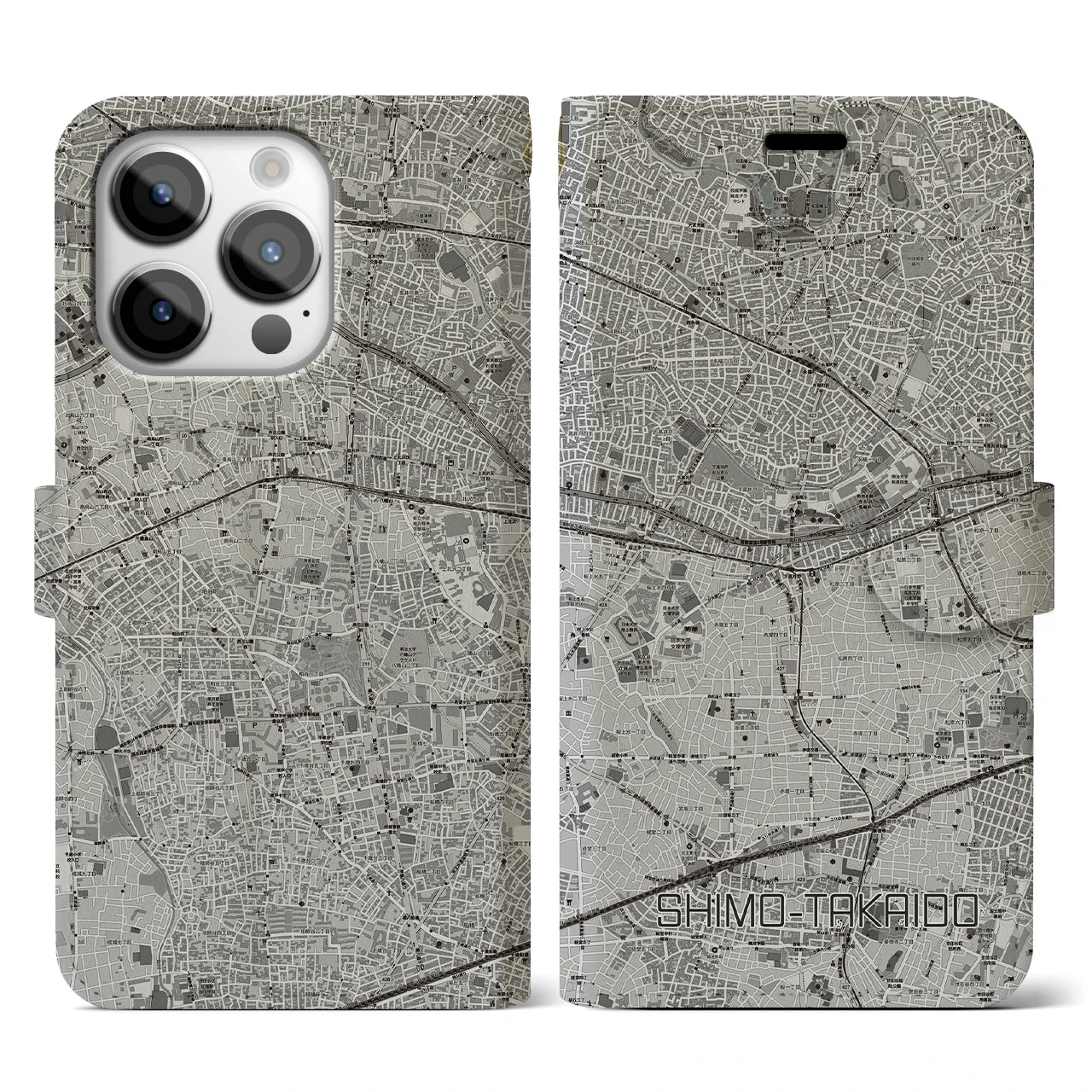【下高井戸(東京都)】地図柄iPhoneケース(手帳タイプ)モノトーン・iPhone 14 Pro 用