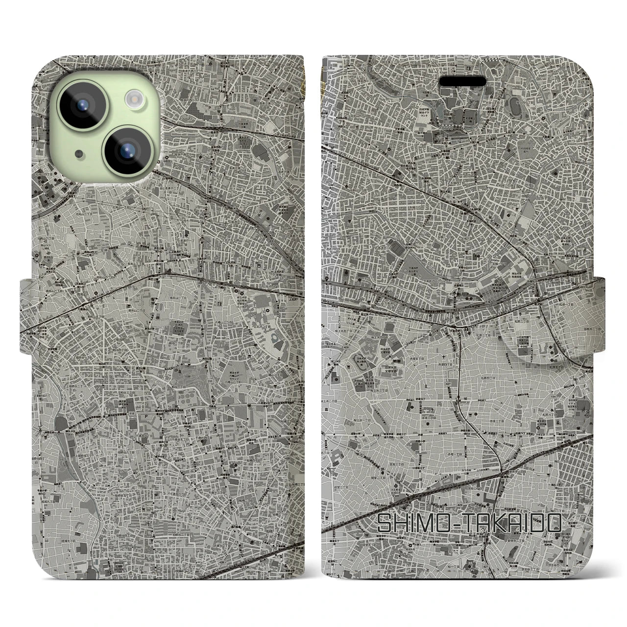 【下高井戸(東京都)】地図柄iPhoneケース(手帳タイプ)モノトーン・iPhone 15 用