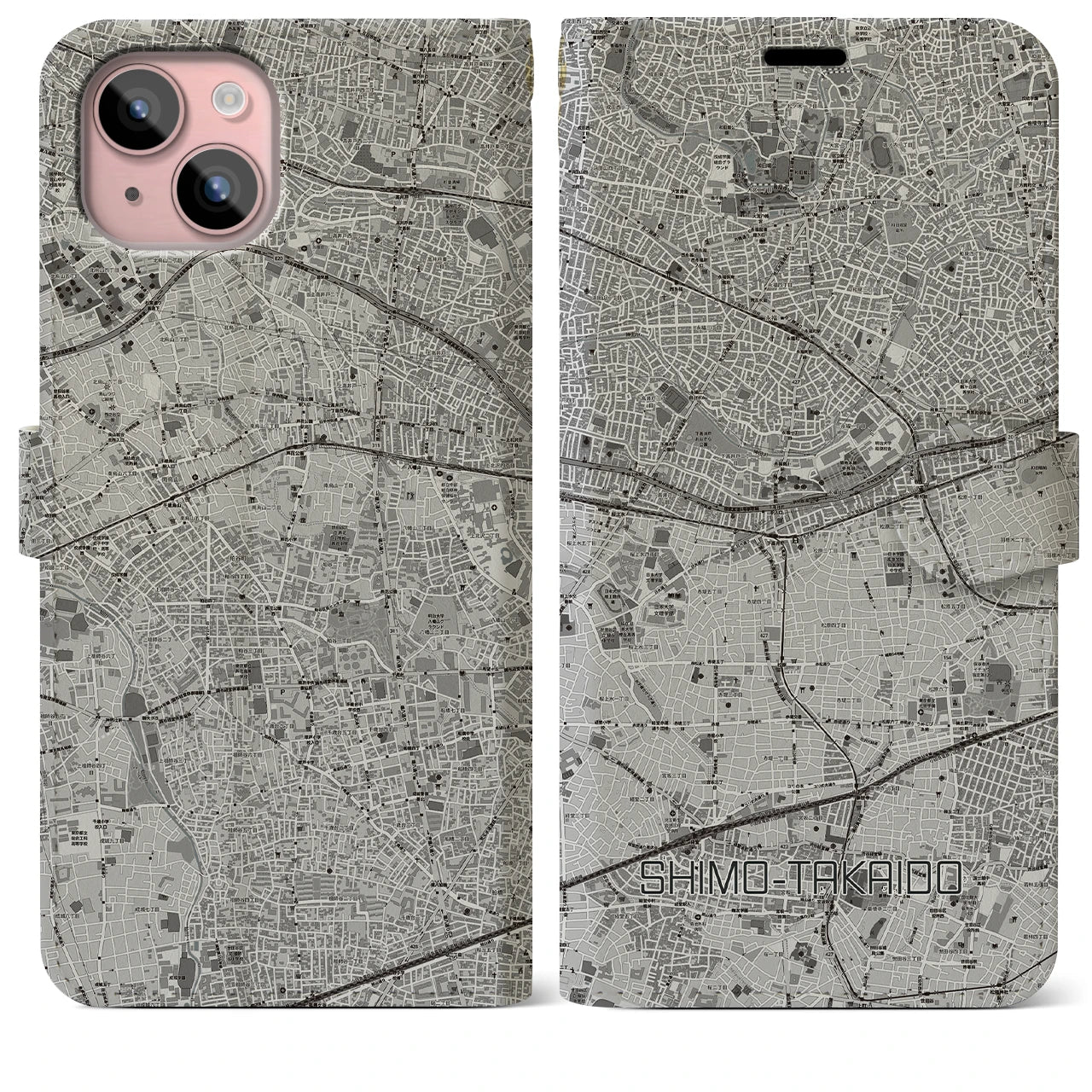 【下高井戸(東京都)】地図柄iPhoneケース(手帳タイプ)モノトーン・iPhone 15 Plus 用
