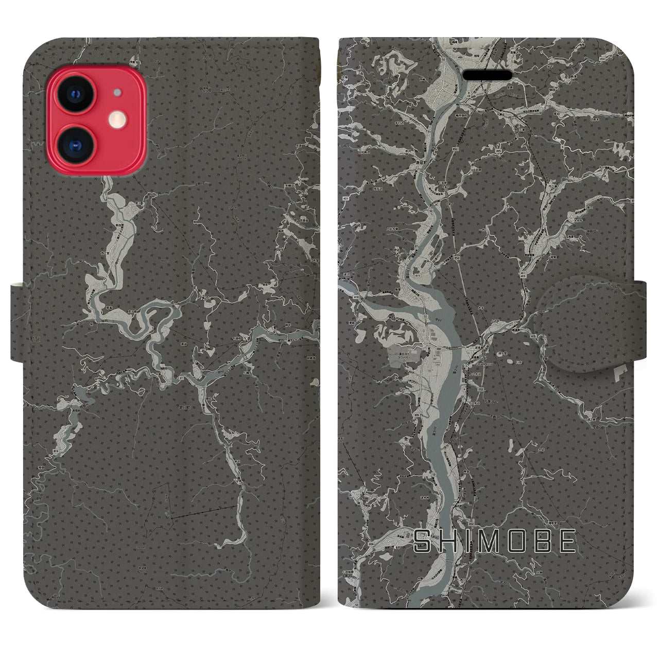 【下部(山梨県)】地図柄iPhoneケース(手帳タイプ)モノトーン・iPhone 11 用