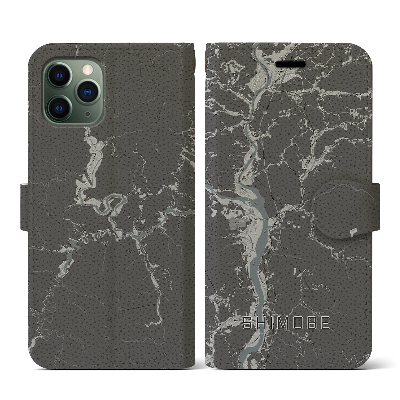 【下部(山梨県)】地図柄iPhoneケース(手帳タイプ)モノトーン・iPhone 11 Pro 用