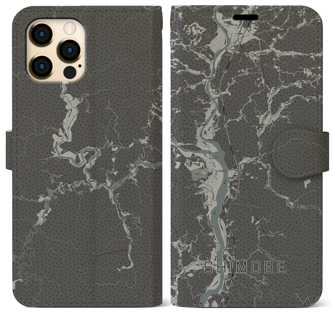 【下部(山梨県)】地図柄iPhoneケース(手帳タイプ)モノトーン・iPhone 12 Pro Max 用