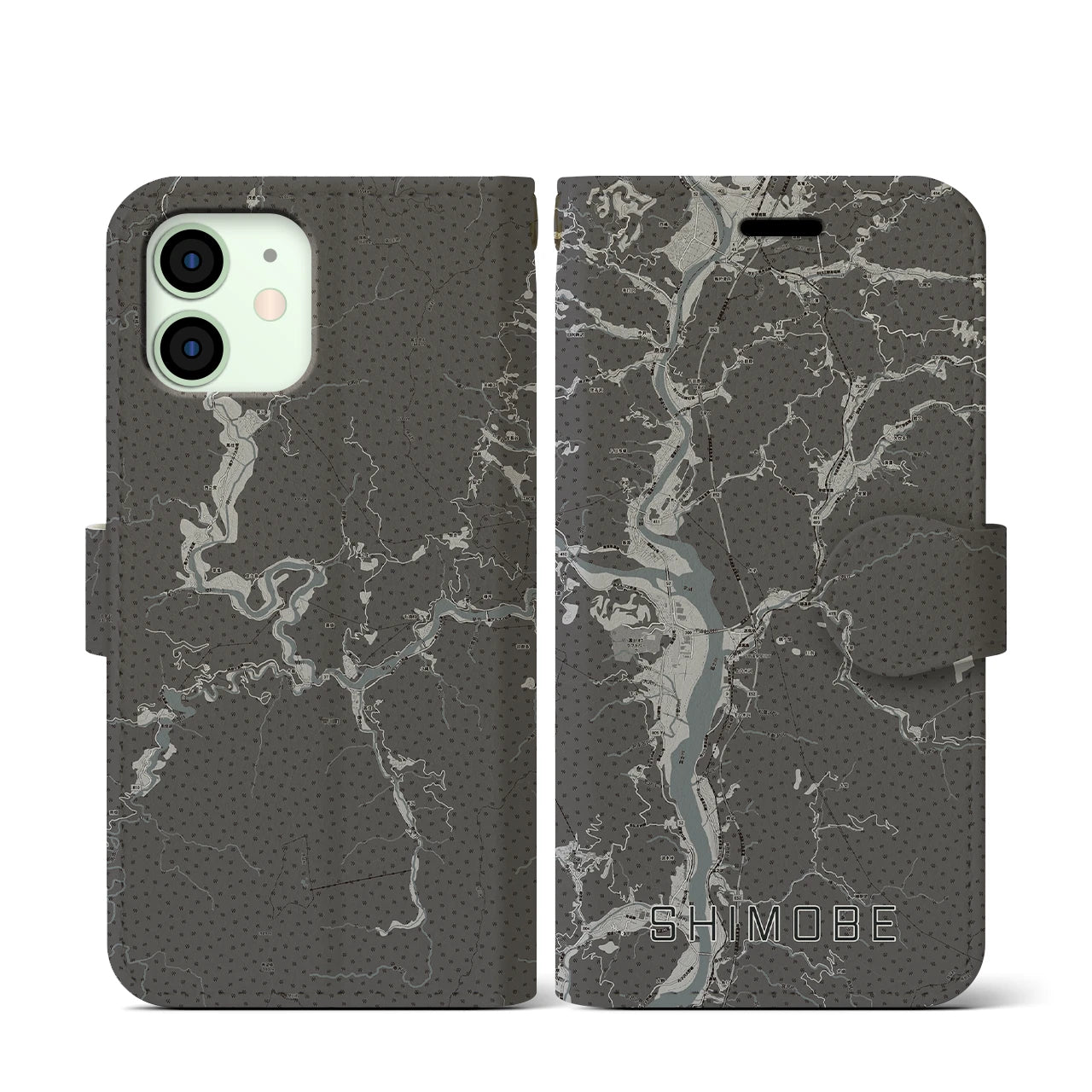 【下部(山梨県)】地図柄iPhoneケース(手帳タイプ)モノトーン・iPhone 12 mini 用