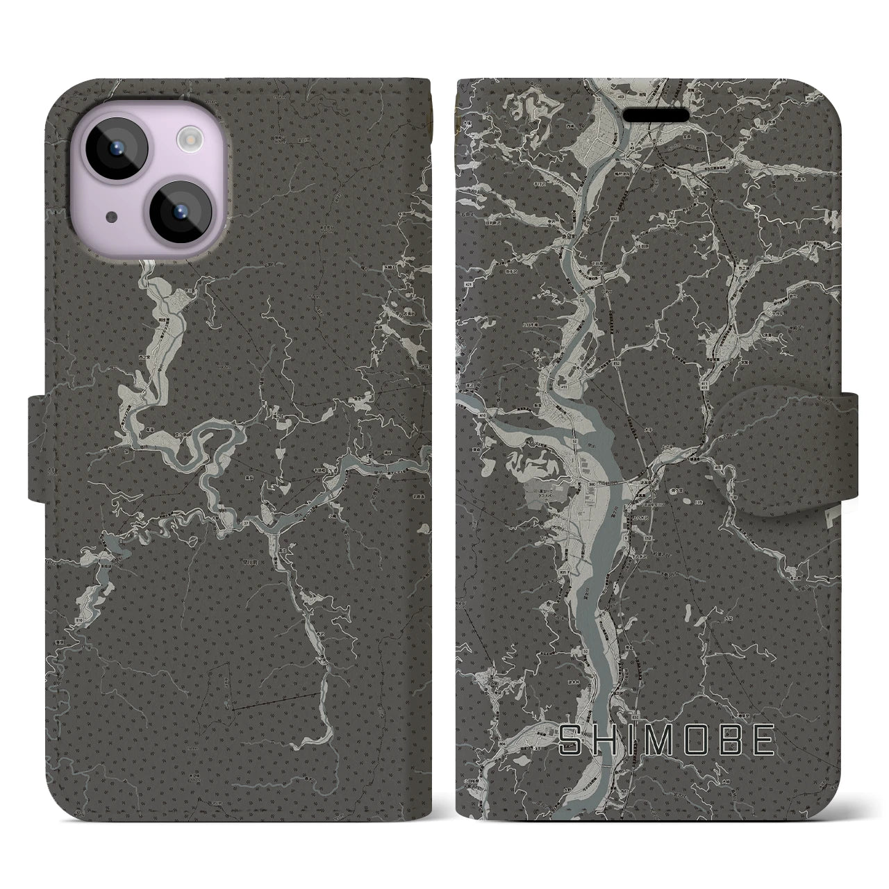 【下部(山梨県)】地図柄iPhoneケース(手帳タイプ)モノトーン・iPhone 14 用