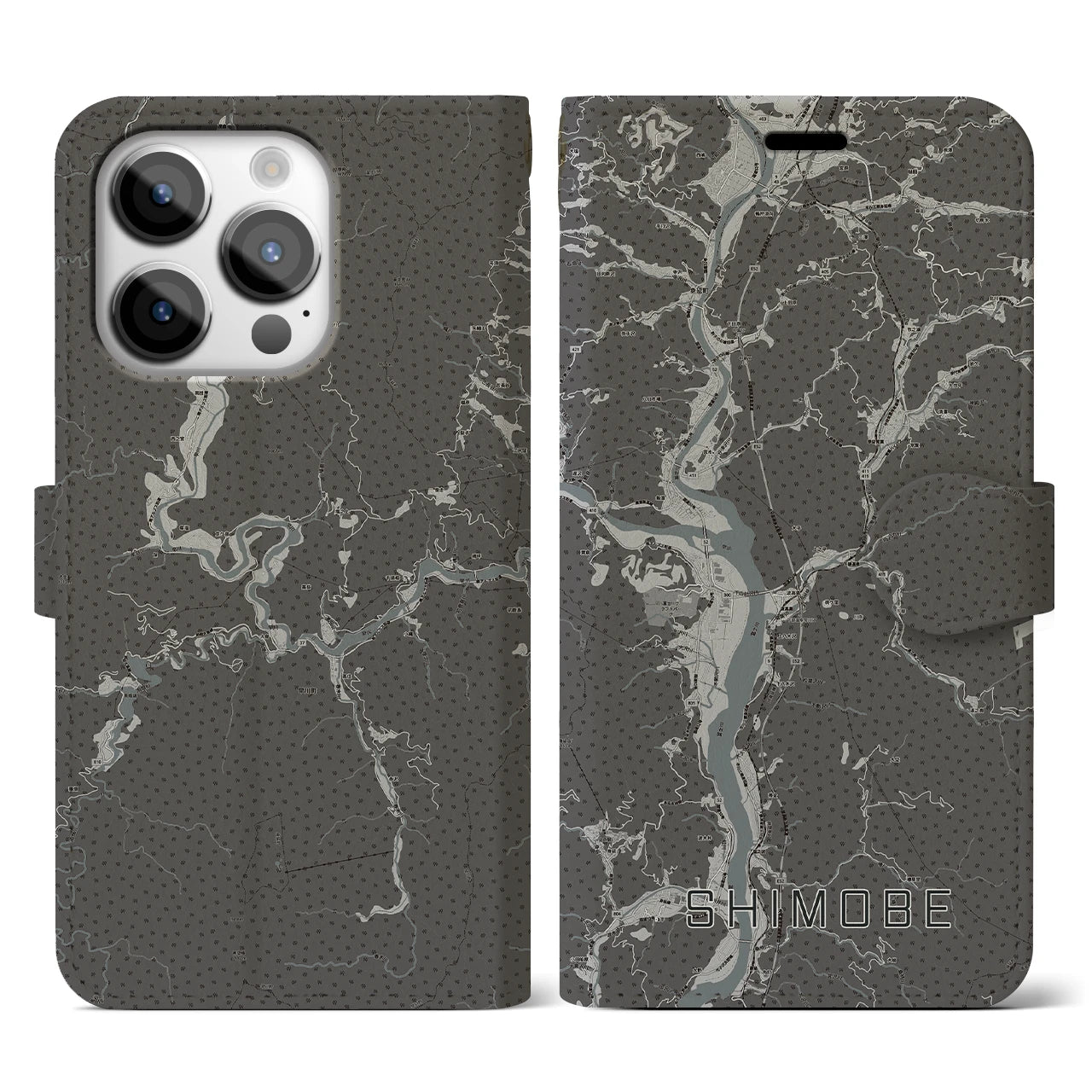 【下部(山梨県)】地図柄iPhoneケース(手帳タイプ)モノトーン・iPhone 14 Pro 用