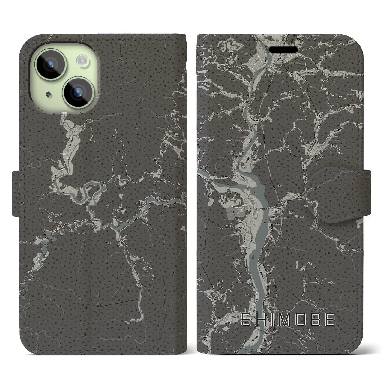 【下部(山梨県)】地図柄iPhoneケース(手帳タイプ)モノトーン・iPhone 15 用