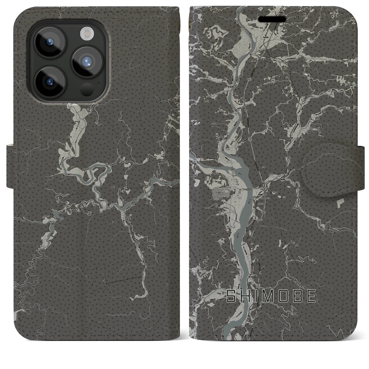 【下部(山梨県)】地図柄iPhoneケース(手帳タイプ)モノトーン・iPhone 15 Pro Max 用