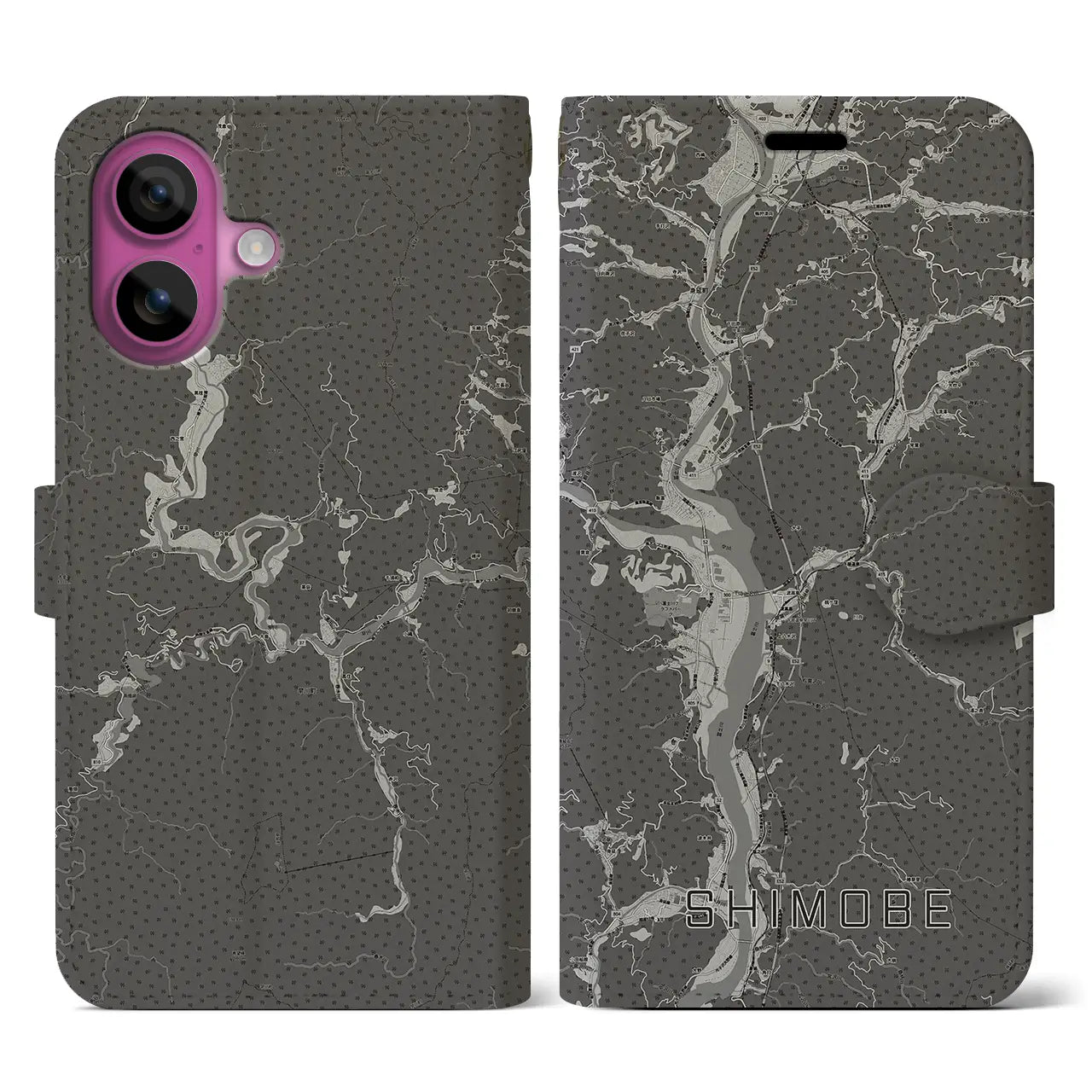 【下部(山梨県)】地図柄iPhoneケース(手帳タイプ)モノトーン・iPhone 16 Pro 用