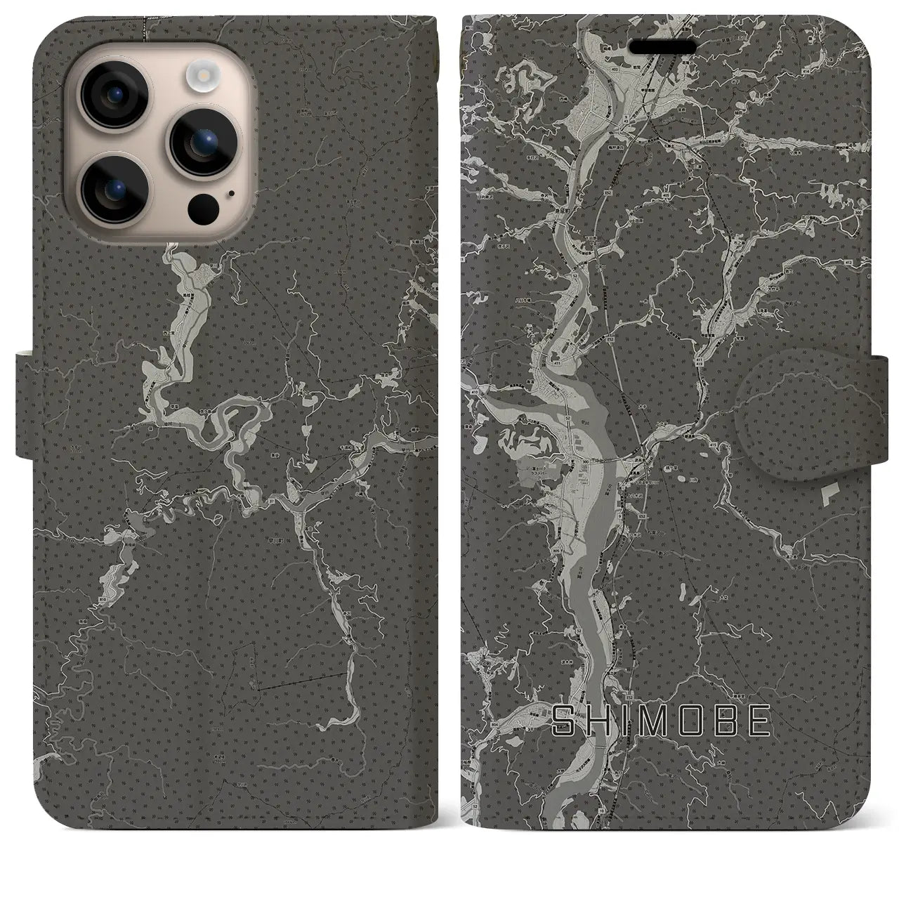 【下部(山梨県)】地図柄iPhoneケース(手帳タイプ)モノトーン・iPhone 16 Plus 用