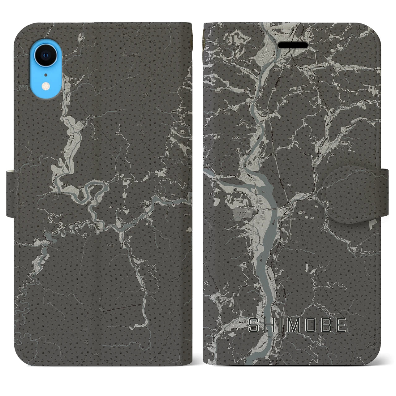 【下部(山梨県)】地図柄iPhoneケース(手帳タイプ)モノトーン・iPhone XR 用