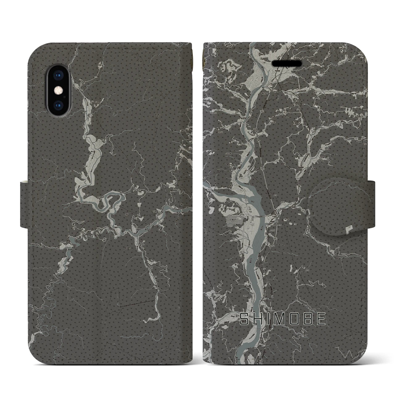 【下部(山梨県)】地図柄iPhoneケース(手帳タイプ)モノトーン・iPhone XS / X 用