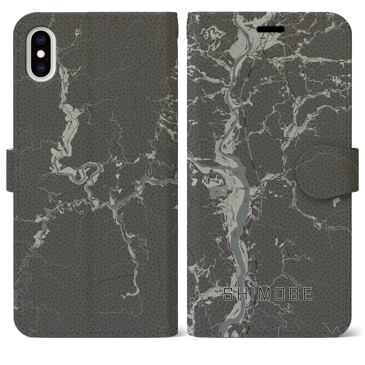 【下部(山梨県)】地図柄iPhoneケース(手帳タイプ)モノトーン・iPhone XS Max 用