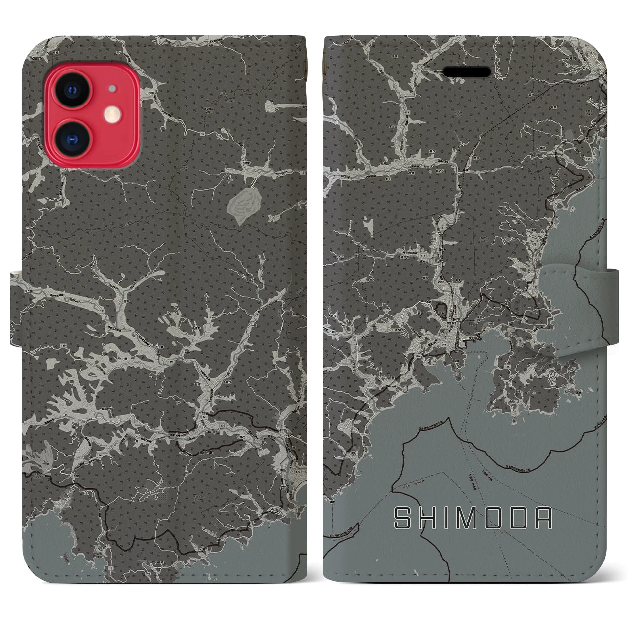 【下田(静岡県)】地図柄iPhoneケース(手帳タイプ)モノトーン・iPhone 11 用