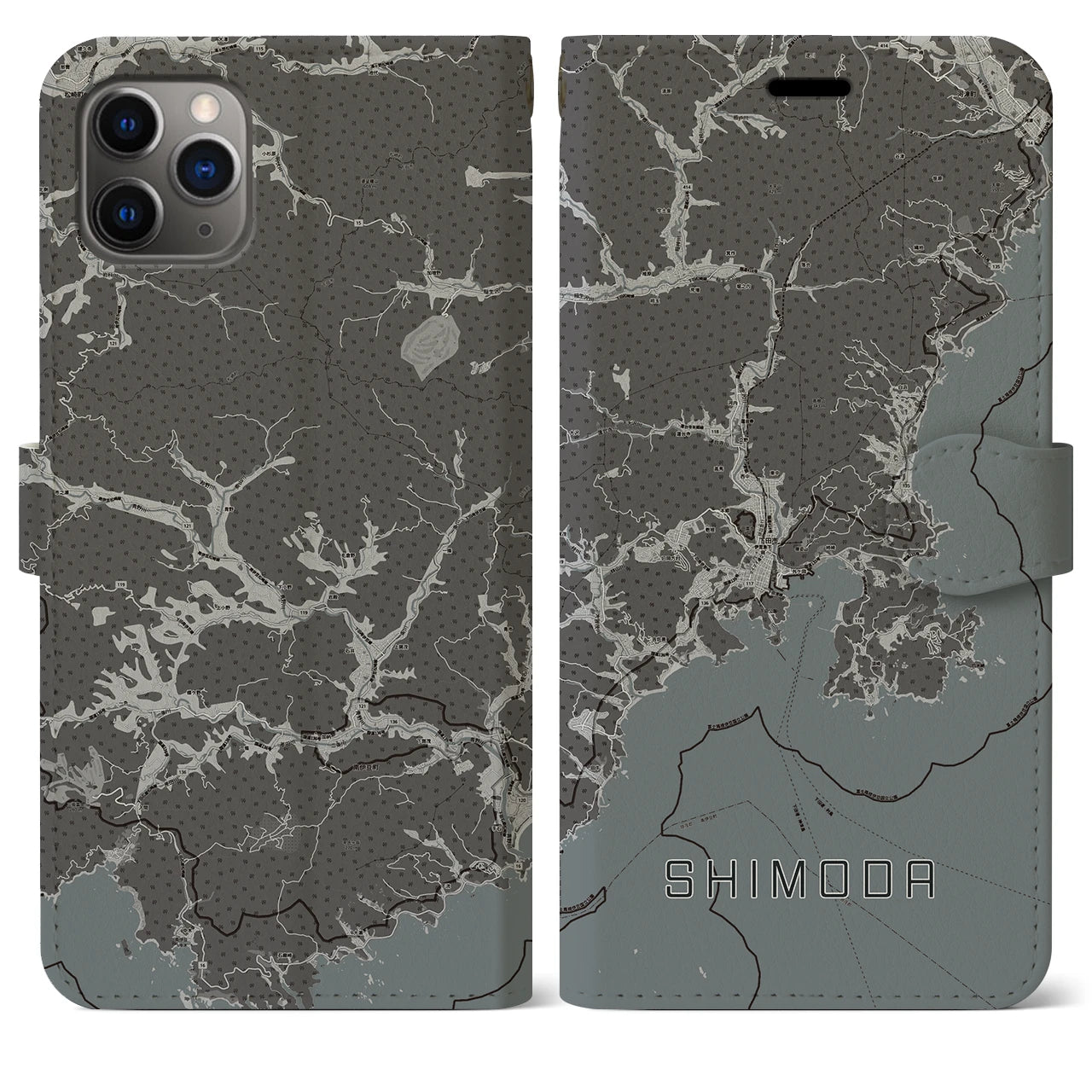【下田(静岡県)】地図柄iPhoneケース(手帳タイプ)モノトーン・iPhone 11 Pro Max 用