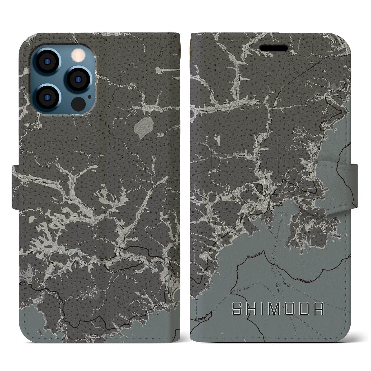 【下田(静岡県)】地図柄iPhoneケース(手帳タイプ)モノトーン・iPhone 12 / 12 Pro 用