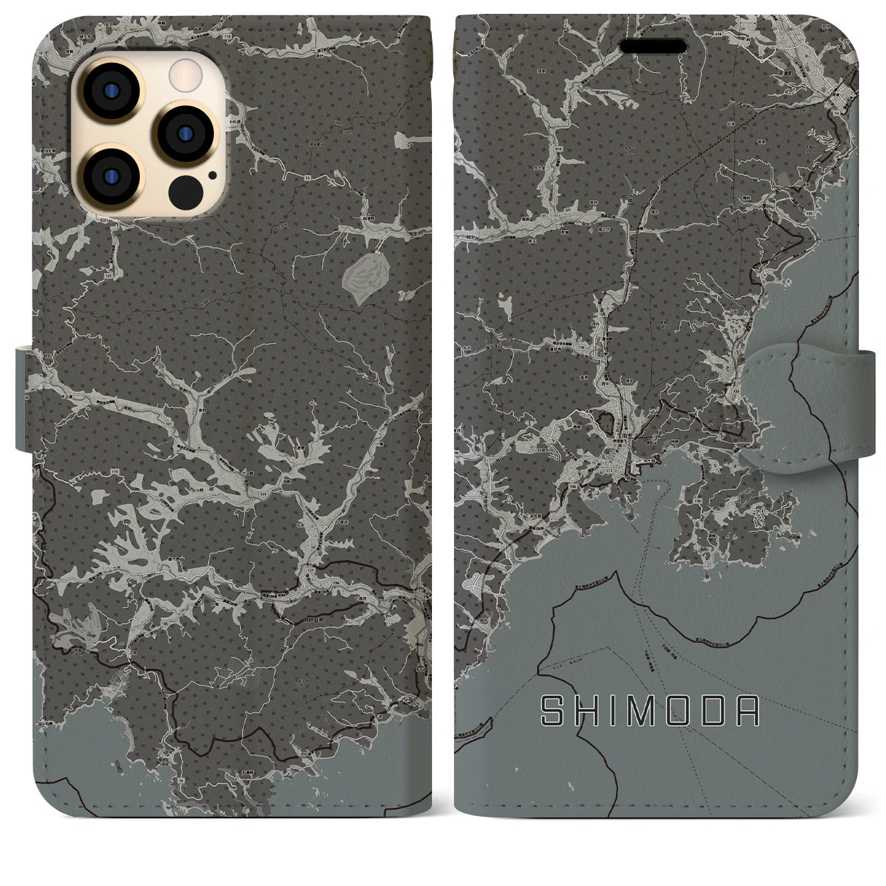 【下田(静岡県)】地図柄iPhoneケース(手帳タイプ)モノトーン・iPhone 12 Pro Max 用