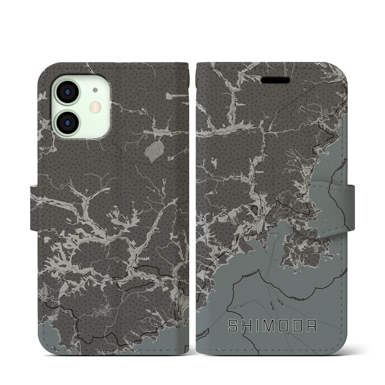 【下田(静岡県)】地図柄iPhoneケース(手帳タイプ)モノトーン・iPhone 12 mini 用
