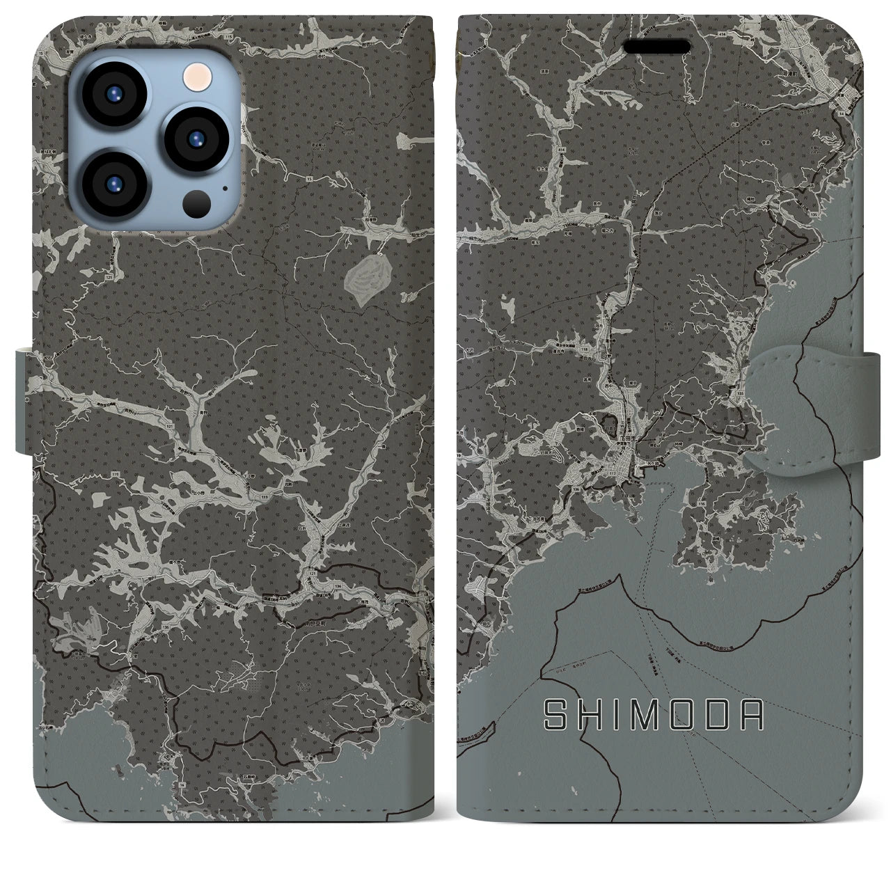 【下田(静岡県)】地図柄iPhoneケース(手帳タイプ)モノトーン・iPhone 13 Pro Max 用