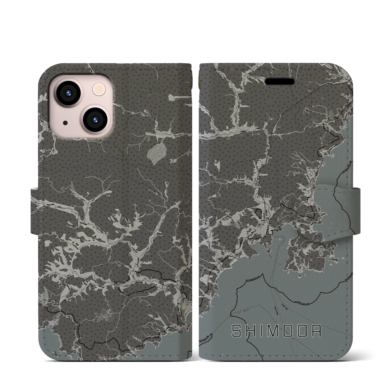 【下田(静岡県)】地図柄iPhoneケース(手帳タイプ)モノトーン・iPhone 13 mini 用