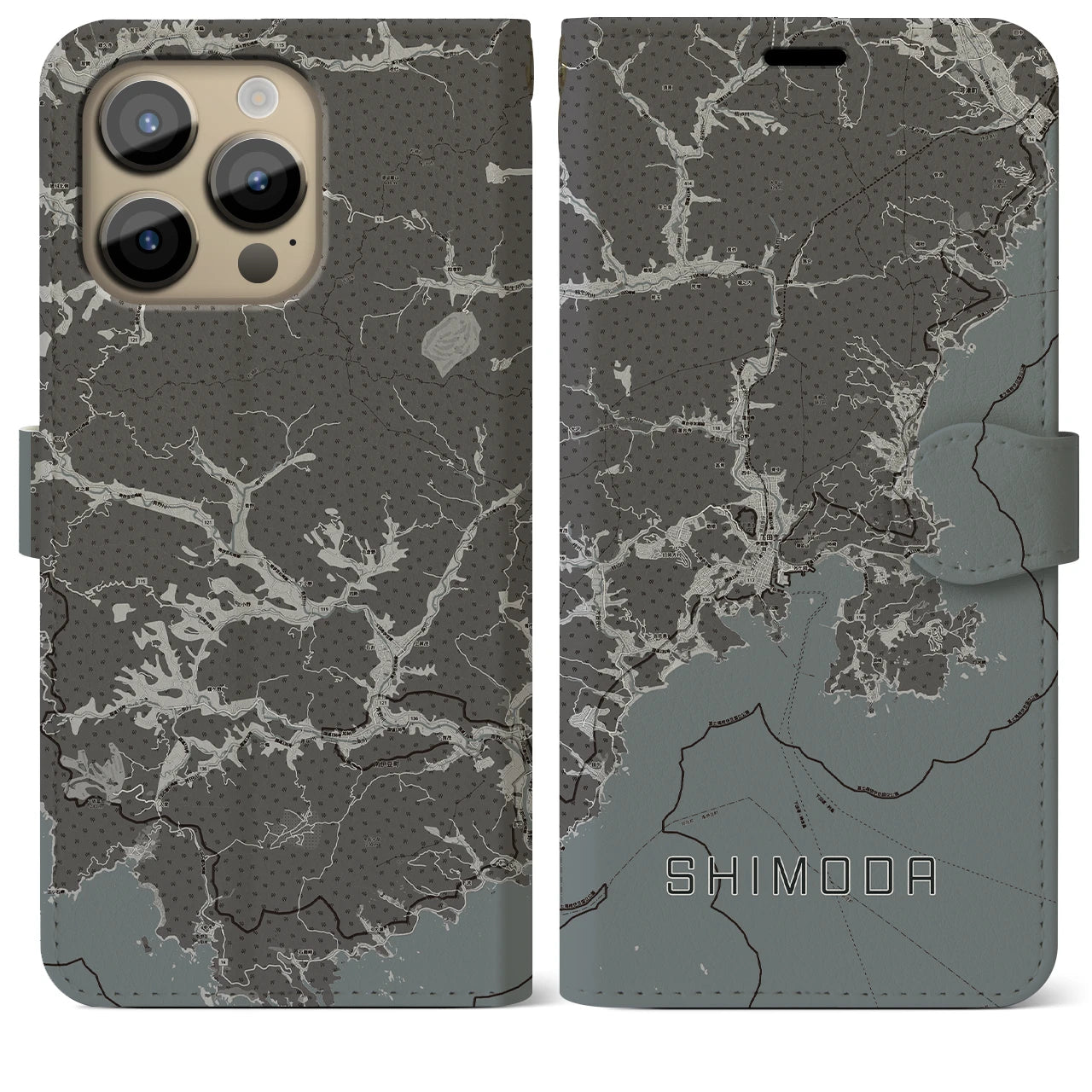 【下田(静岡県)】地図柄iPhoneケース(手帳タイプ)モノトーン・iPhone 14 Pro Max 用