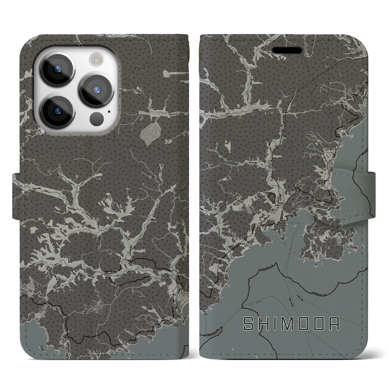 【下田(静岡県)】地図柄iPhoneケース(手帳タイプ)モノトーン・iPhone 14 Pro 用