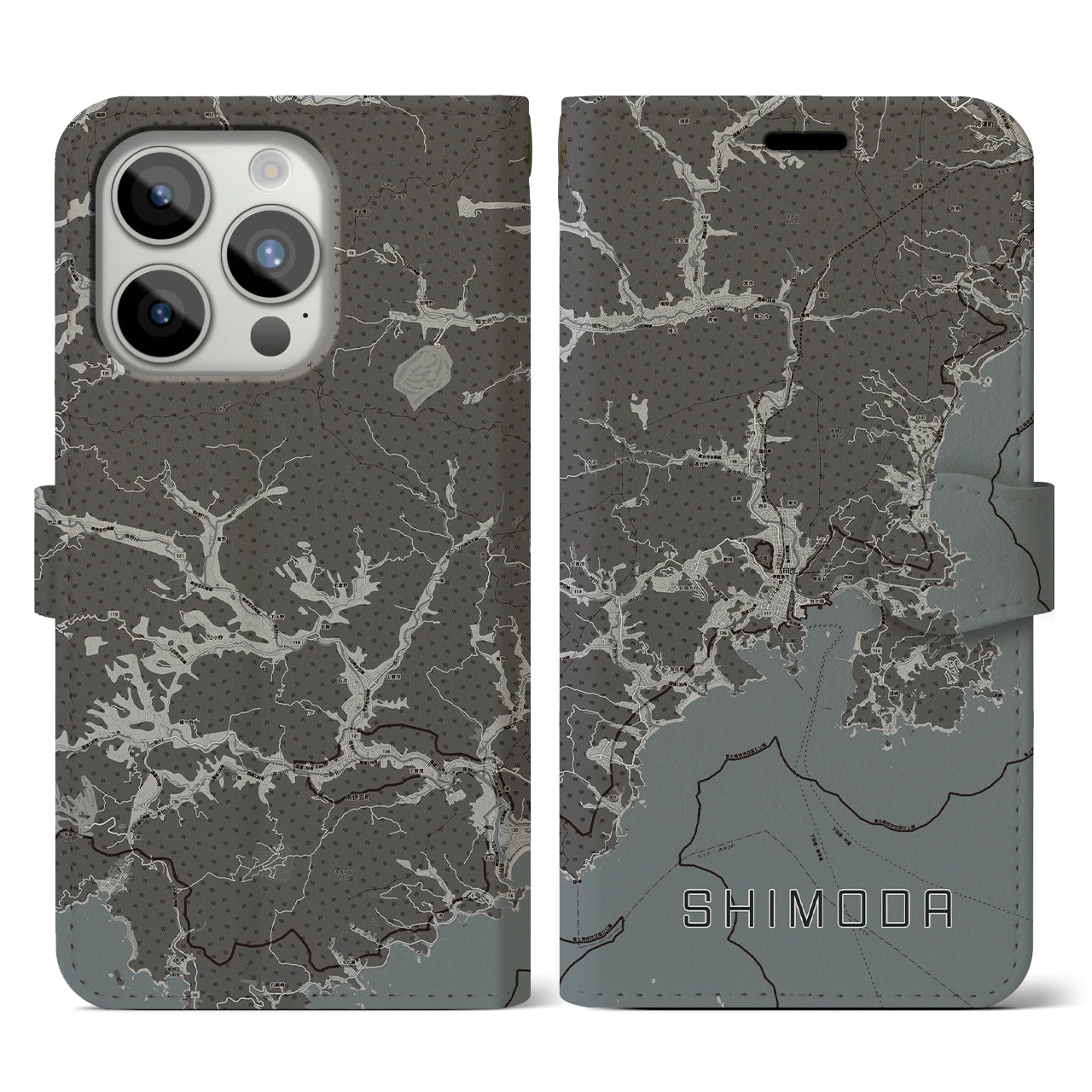 【下田(静岡県)】地図柄iPhoneケース(手帳タイプ)モノトーン・iPhone 15 Pro 用