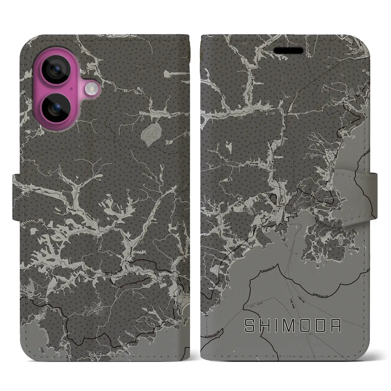 【下田(静岡県)】地図柄iPhoneケース(手帳タイプ)モノトーン・iPhone 16 Pro 用