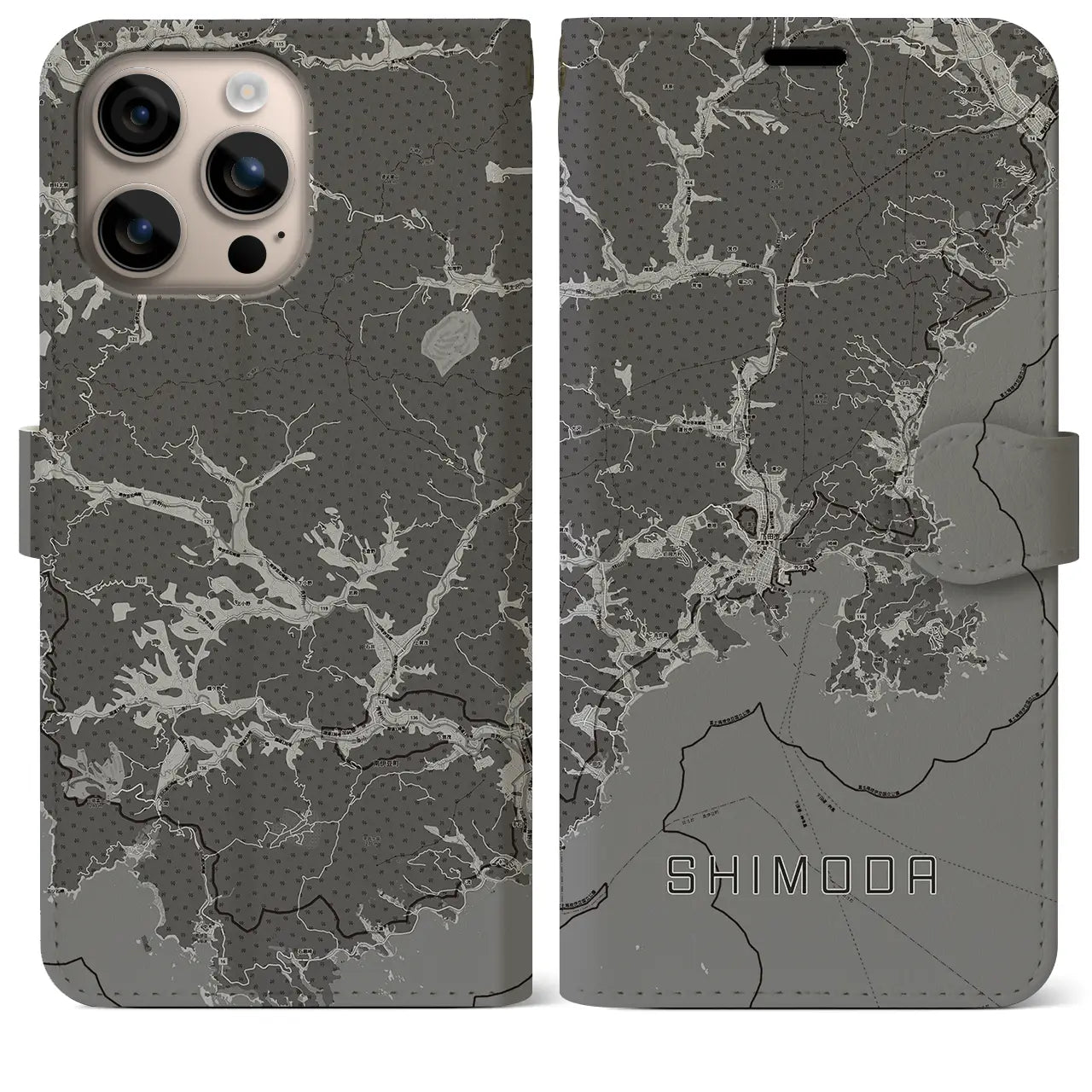【下田(静岡県)】地図柄iPhoneケース(手帳タイプ)モノトーン・iPhone 16 Plus 用