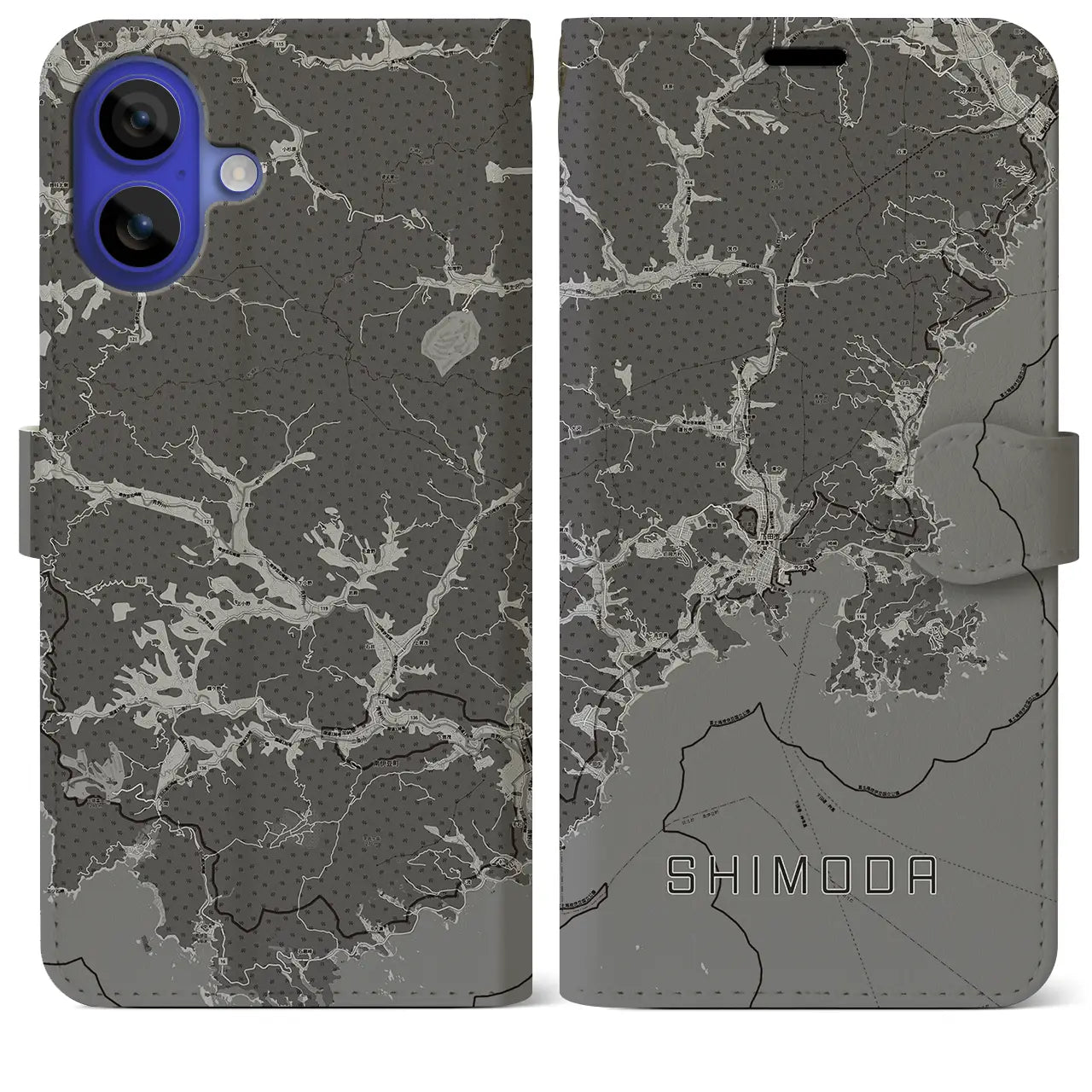【下田(静岡県)】地図柄iPhoneケース(手帳タイプ)モノトーン・iPhone 16 Pro Max 用