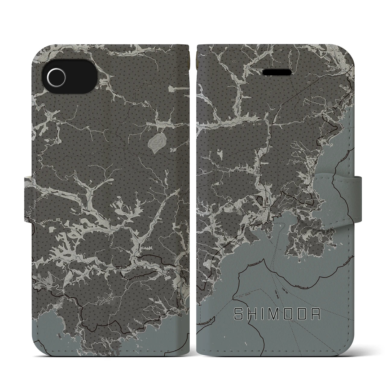 【下田(静岡県)】地図柄iPhoneケース(手帳タイプ)モノトーン・iPhone SE(第3 / 第2世代) / 8 / 7 / 6s / 6 用