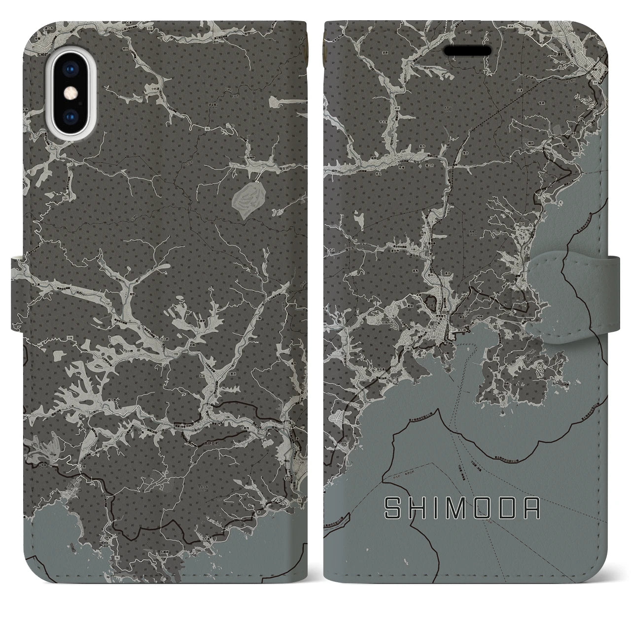 【下田(静岡県)】地図柄iPhoneケース(手帳タイプ)モノトーン・iPhone XS Max 用