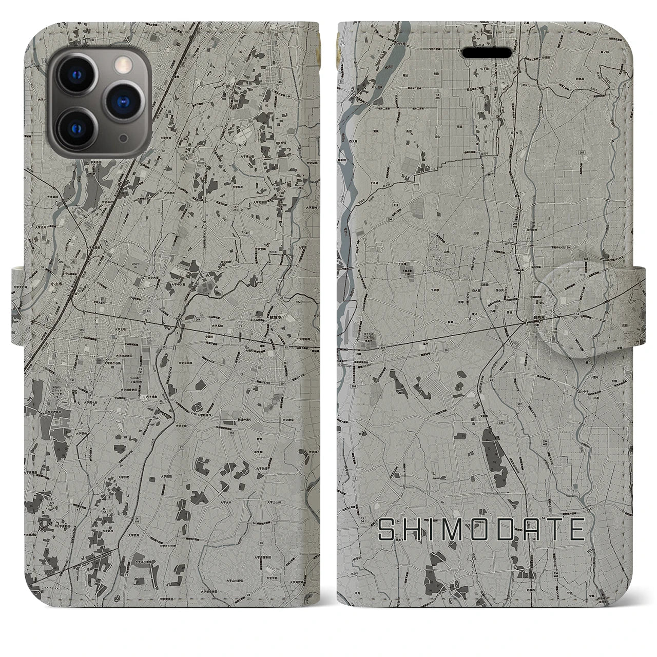 【下館(茨城県)】地図柄iPhoneケース(手帳タイプ)モノトーン・iPhone 11 Pro Max 用