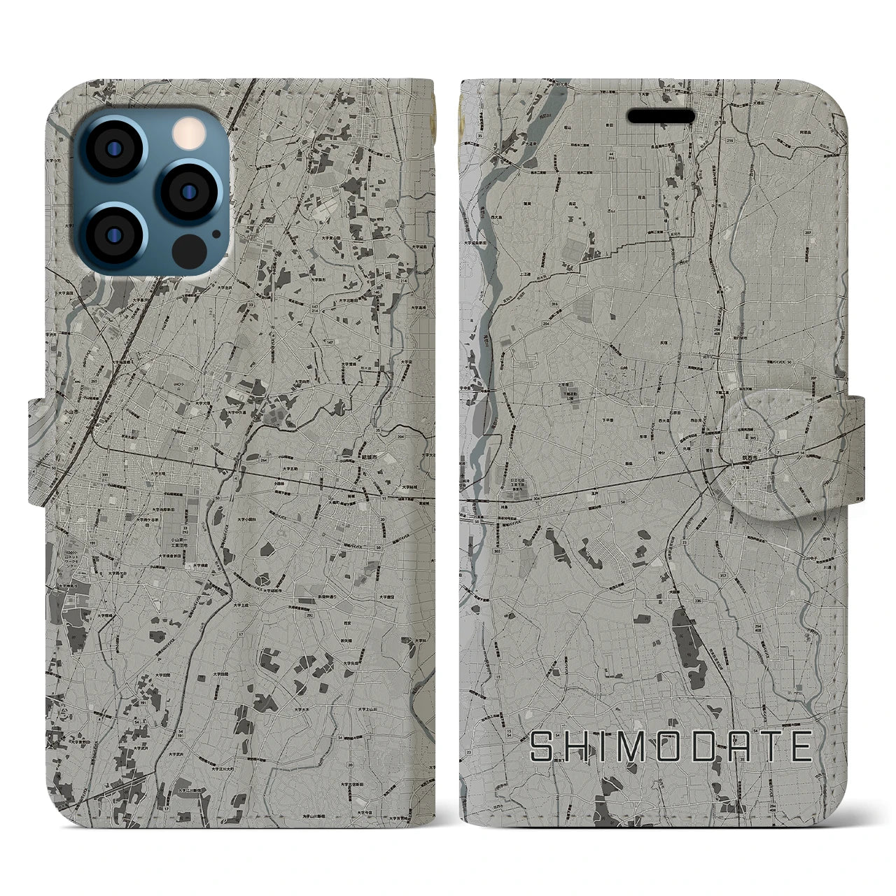 【下館(茨城県)】地図柄iPhoneケース(手帳タイプ)モノトーン・iPhone 12 / 12 Pro 用