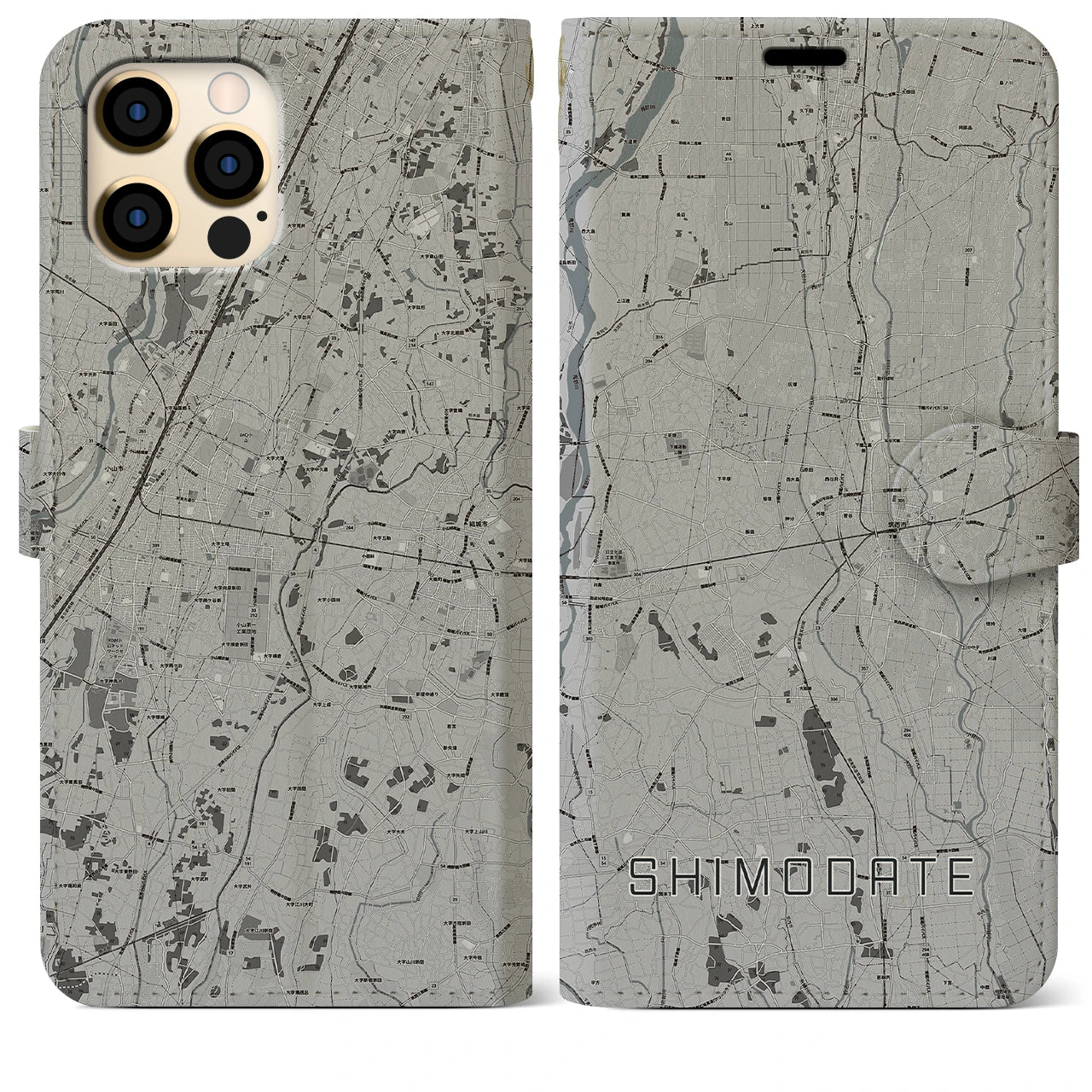 【下館(茨城県)】地図柄iPhoneケース(手帳タイプ)モノトーン・iPhone 12 Pro Max 用