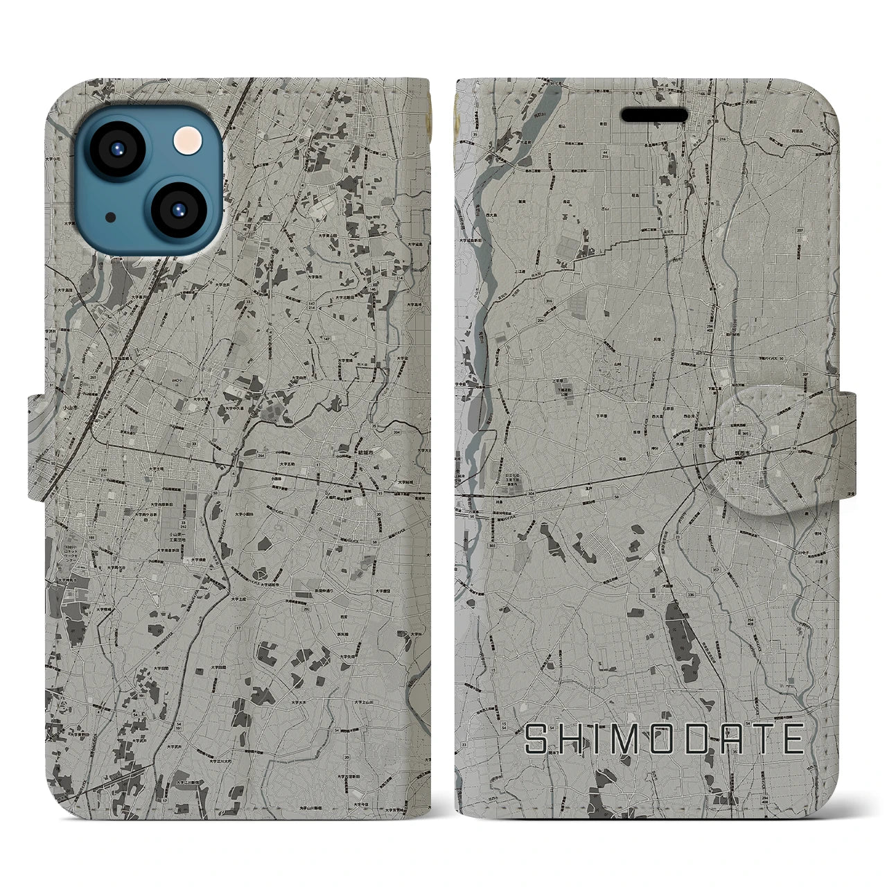 【下館(茨城県)】地図柄iPhoneケース(手帳タイプ)モノトーン・iPhone 13 用