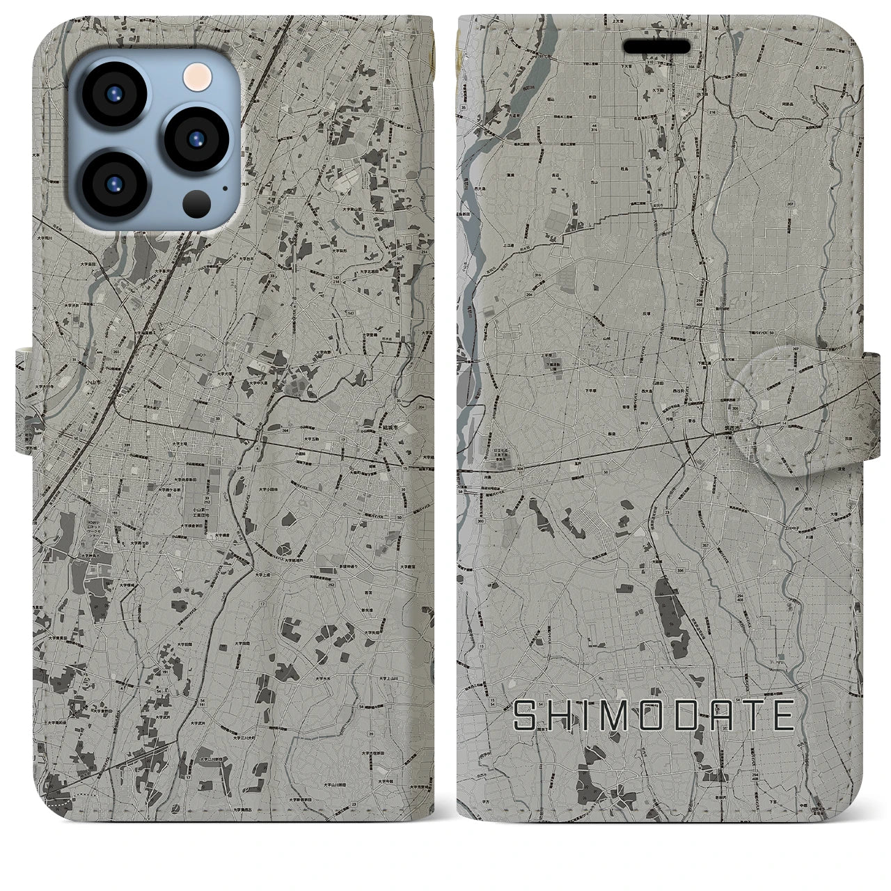 【下館(茨城県)】地図柄iPhoneケース(手帳タイプ)モノトーン・iPhone 13 Pro Max 用