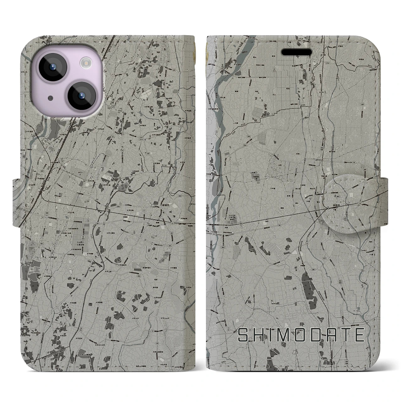 【下館(茨城県)】地図柄iPhoneケース(手帳タイプ)モノトーン・iPhone 14 用