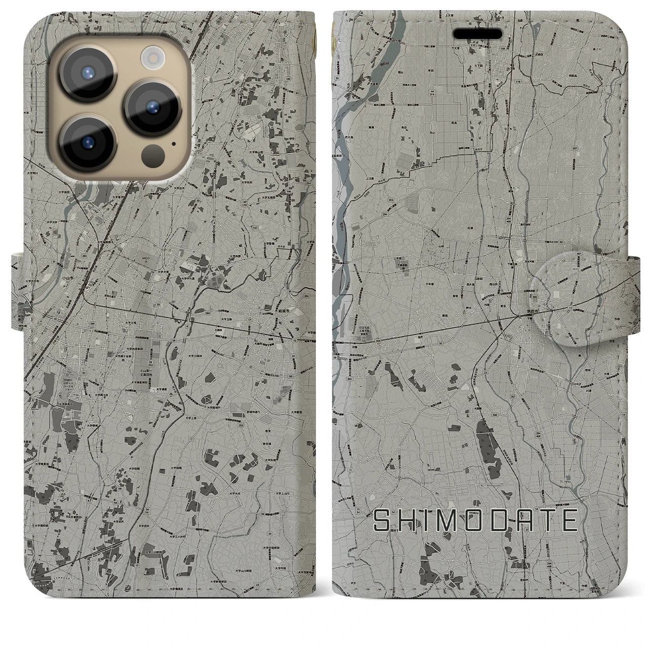 【下館(茨城県)】地図柄iPhoneケース(手帳タイプ)モノトーン・iPhone 14 Pro Max 用