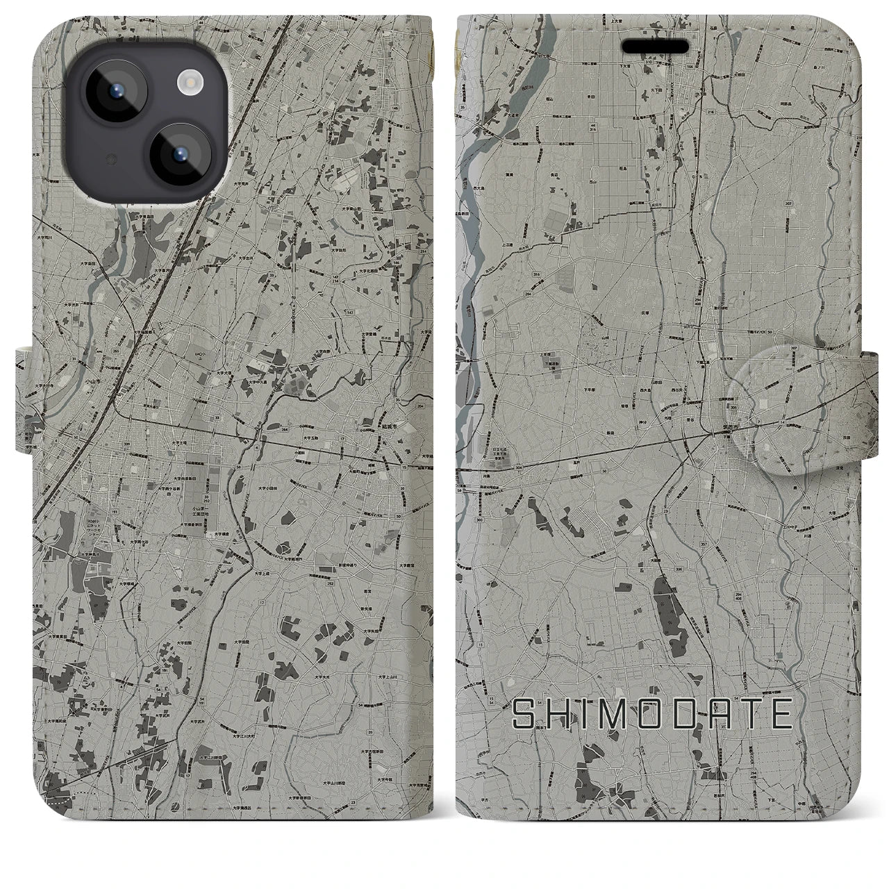 【下館(茨城県)】地図柄iPhoneケース(手帳タイプ)モノトーン・iPhone 14 Plus 用